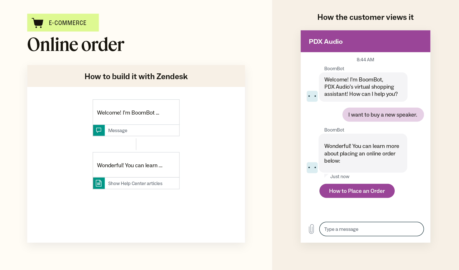 An illustration showcases an example of an online order chatbot template and an example of how the conversation looks to customers.