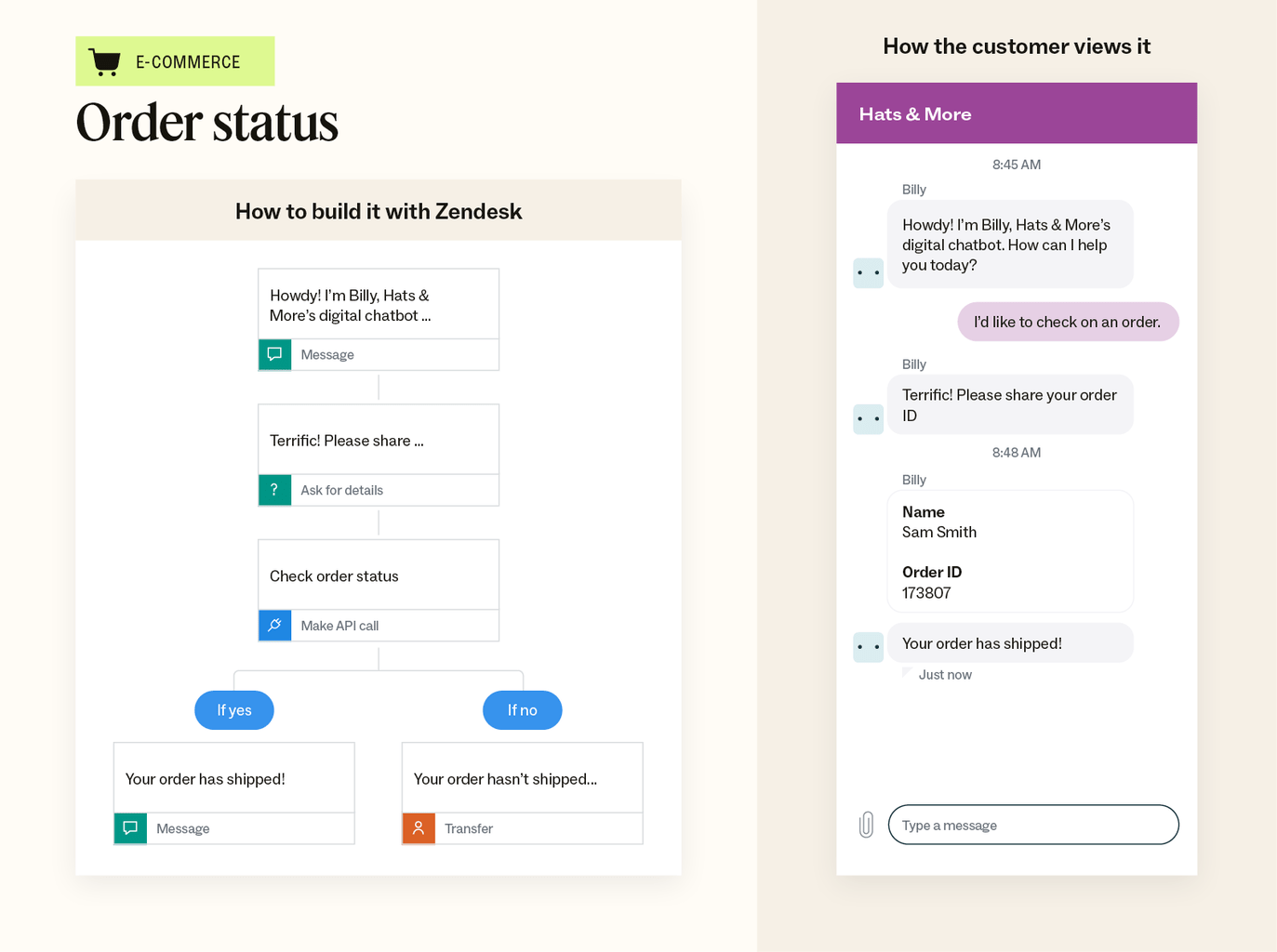 An illustration showcases an example of an order status chatbot template and an example of how the conversation looks to customers.