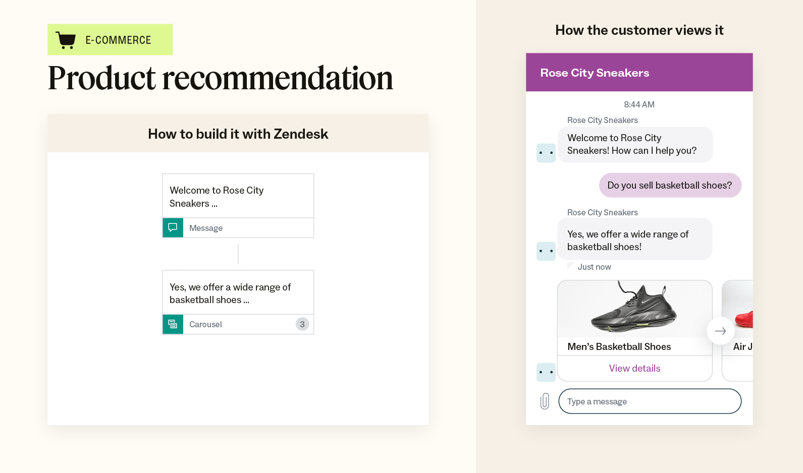 An illustration showcases an example of a product recommendation chatbot template and an example of how the conversation looks to customers.