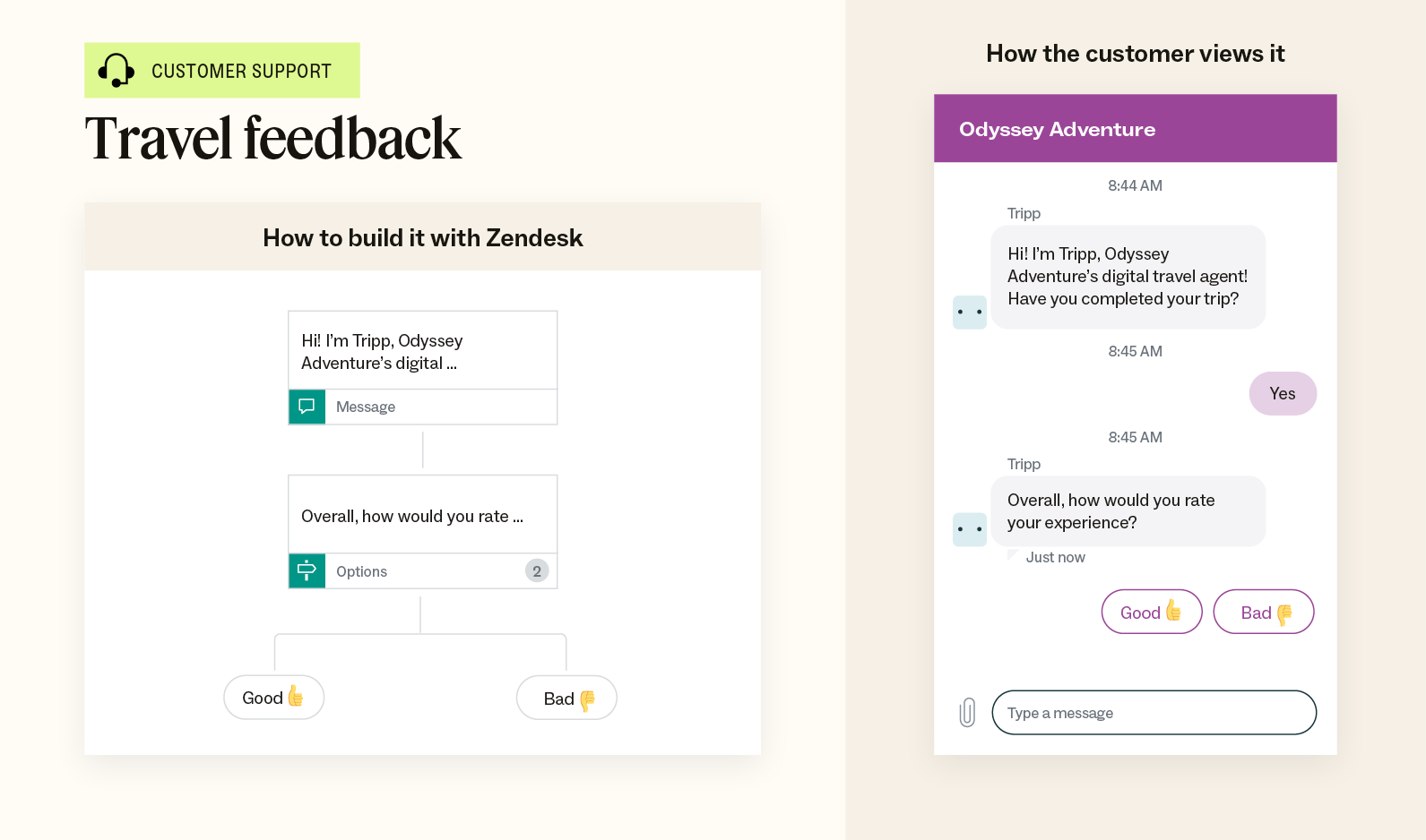 Un diagrama ilustra un ejemplo de una plantilla de chatbot de comentarios de viajes y un ejemplo de cómo los clientes ven la conversación.