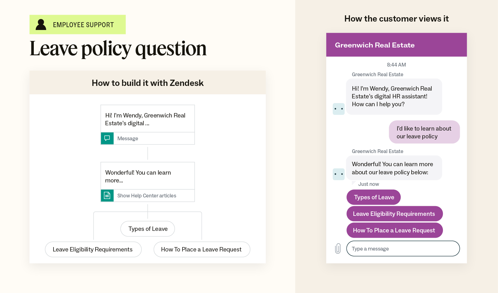 An illustration showcases an example of a leave policy chatbot template and an example of how the conversation looks to customers.