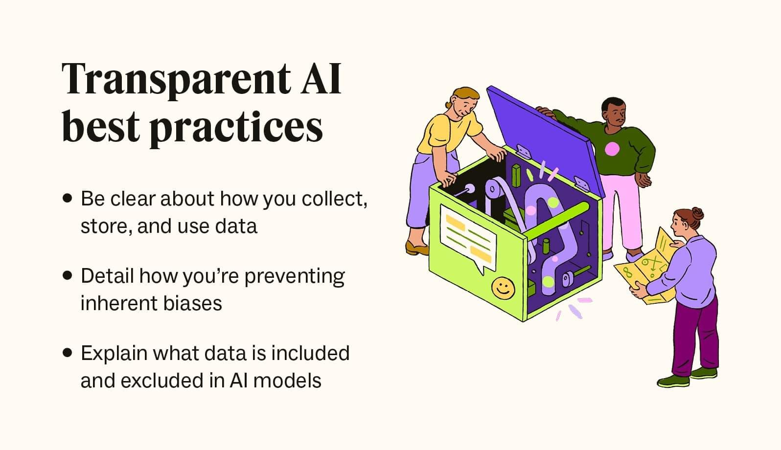 The graphic shows a photo that represents AI transparency next to a list of best practices.