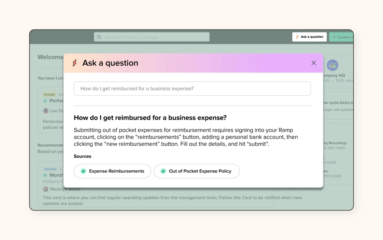 Ein Screenshot der KI-Wissensdatenbank von Guru in Aktion.