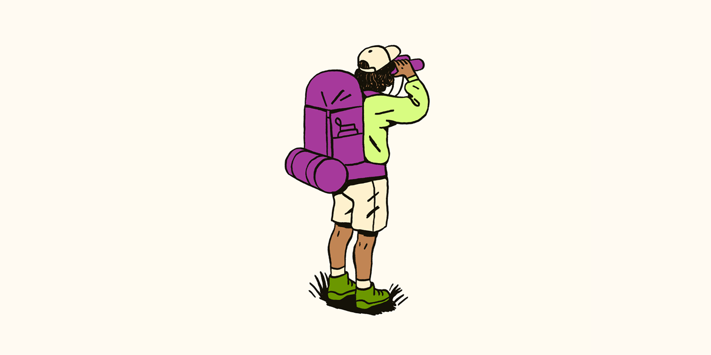 An illustration about customer focus shows a hiker looking through binoculars.