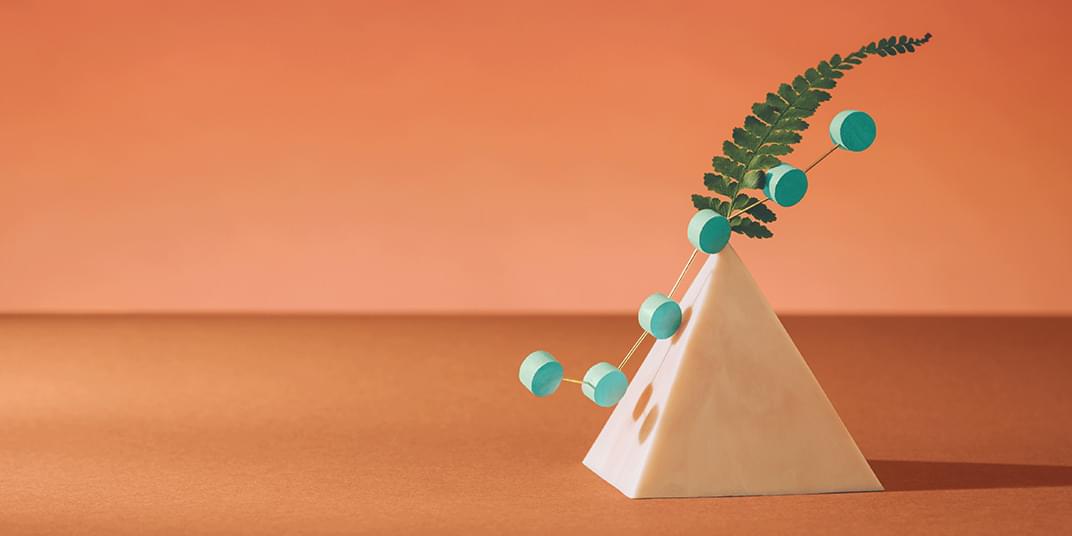 A compilation of geometric shapes and leaves sits in front of an orange backdrop. 