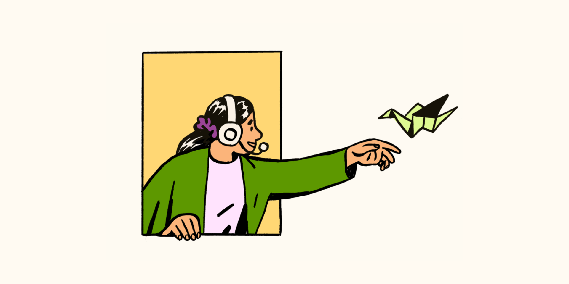 A customer support agent with a headset and a green cardigan releases a paper bird for flight. 