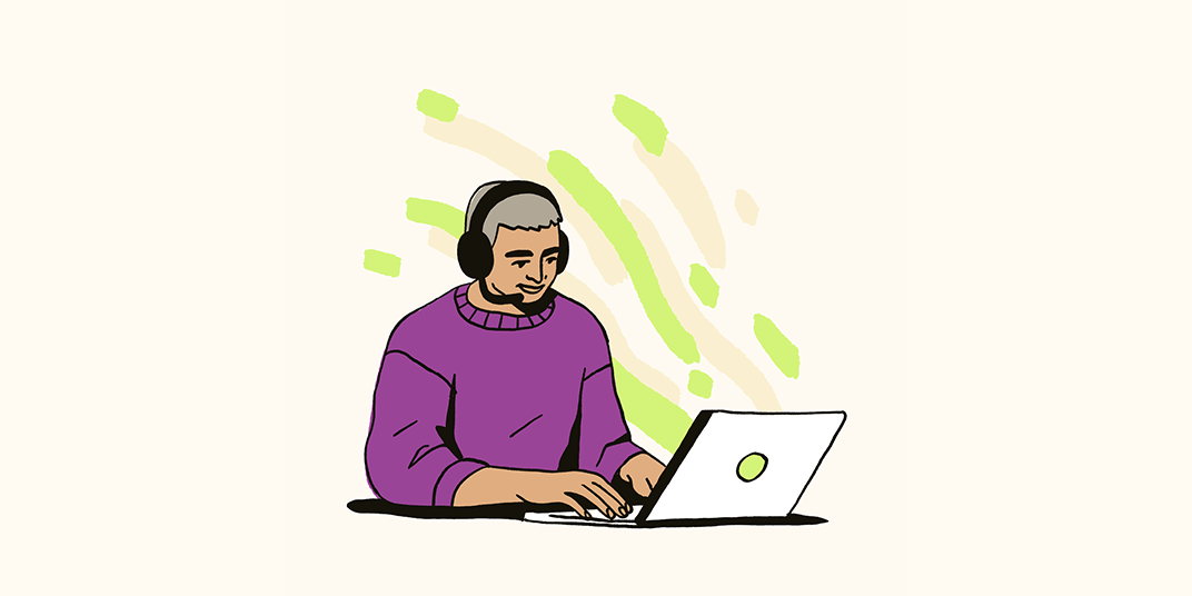 An agent wearing a purple sweater and headset filling out a customer service resume on a laptop.