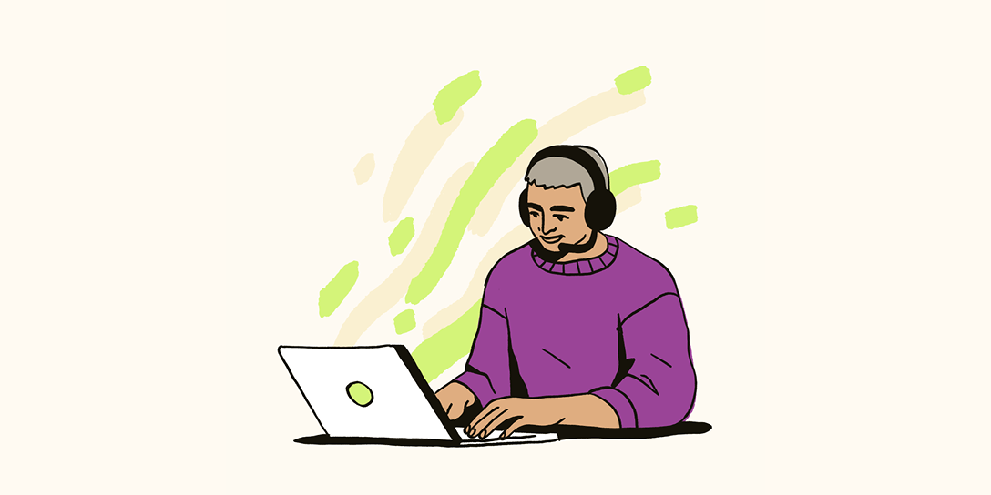 An illustration of a man sitting at a laptop wearing a customer service headset and a purple sweater.