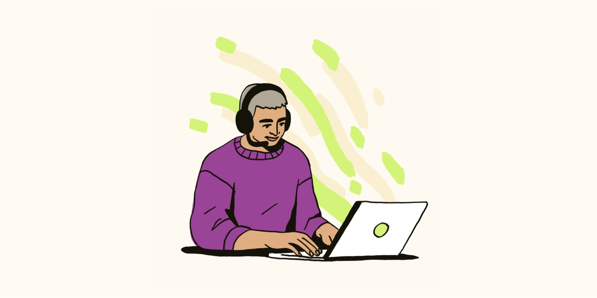 A person wearing a purple sweater and a headset researching employee engagement ideas on a laptop.