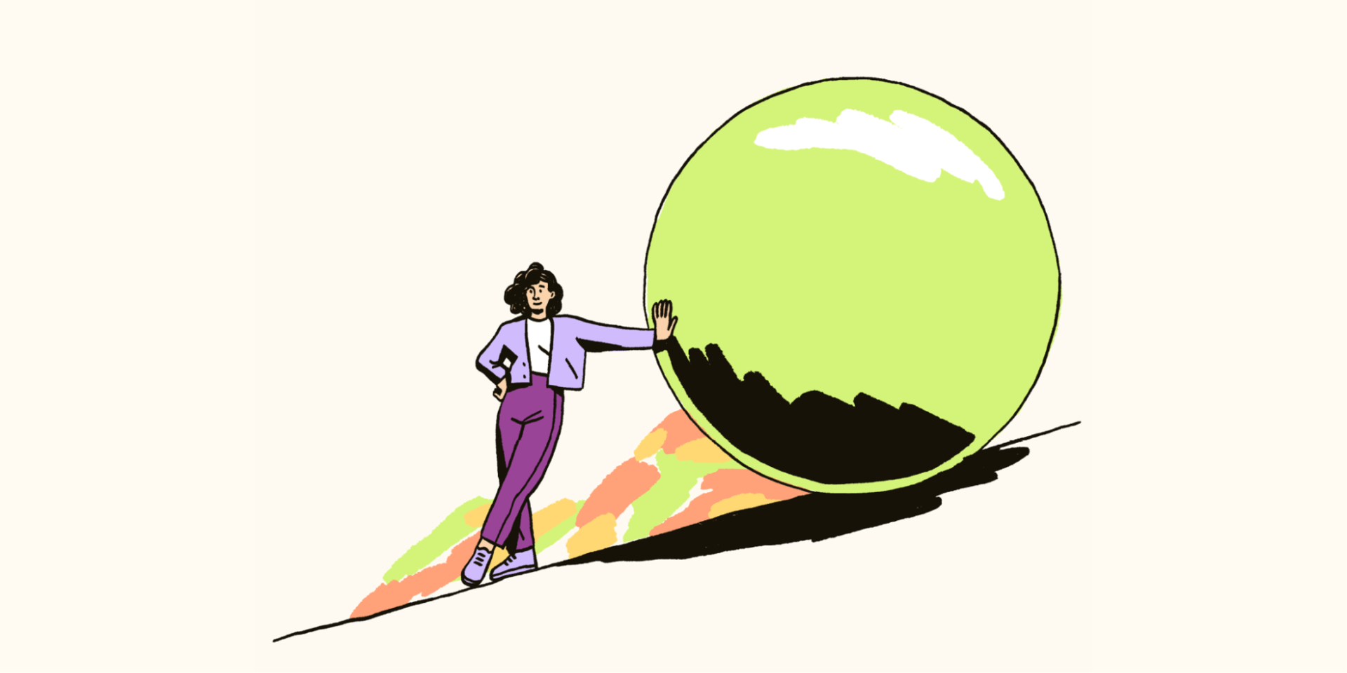 A person wearing purple rests their arm against a green sphere as they roll it uphill.