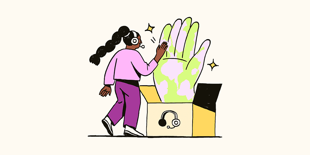 A support agent high-fives a large hand emerging out of a cardboard box.