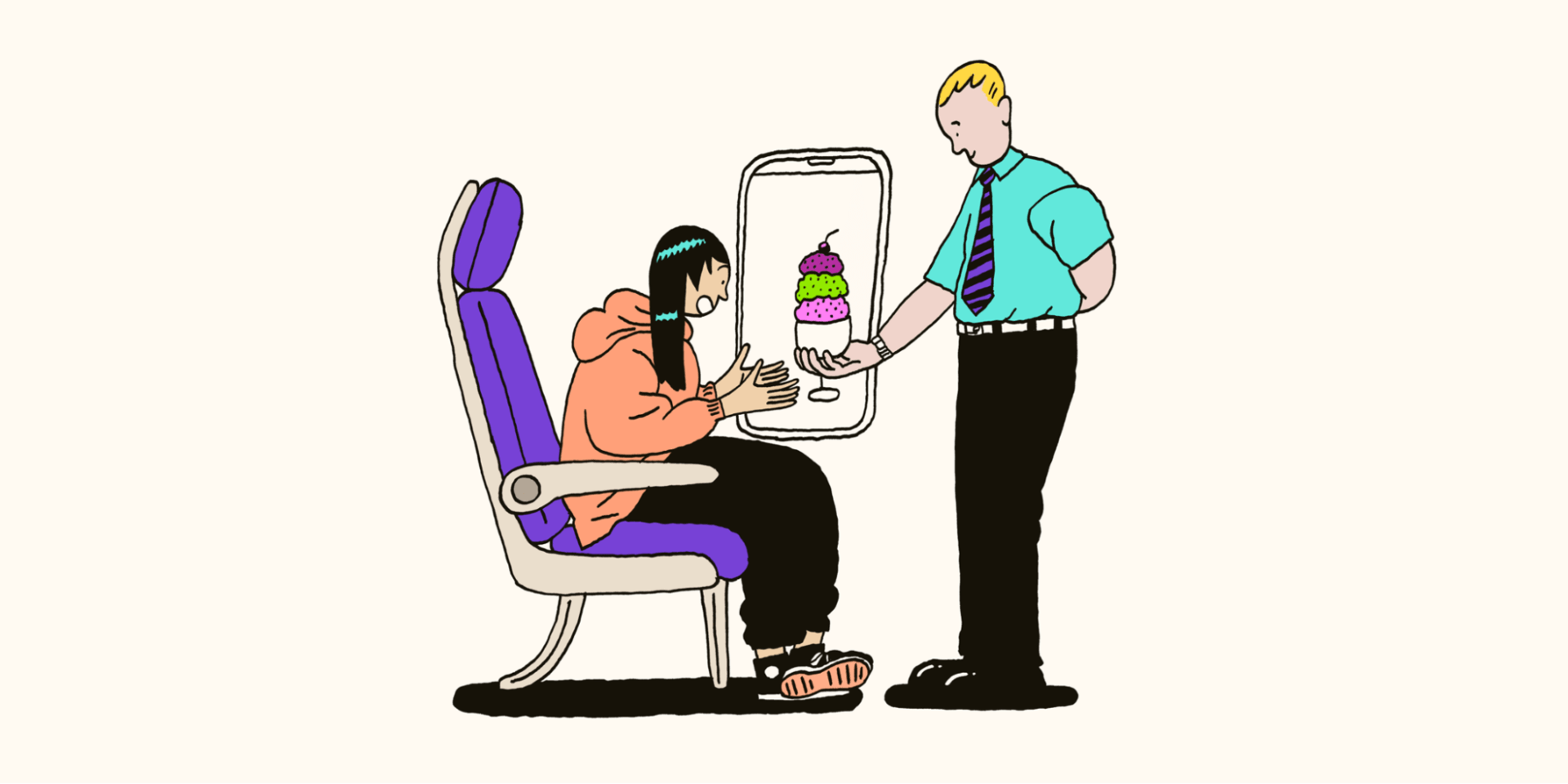 A woman being served ice cream on an airplane. 