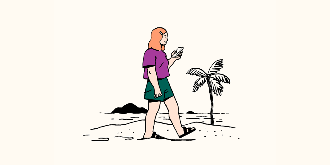 A customer wearing green shorts and a purple shirt interacts with an NLP chatbot while walking on a beach.