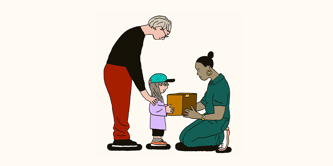 An illustration of a worker handing a package to a young girl, addressing customer needs by kneeling to the child's level.