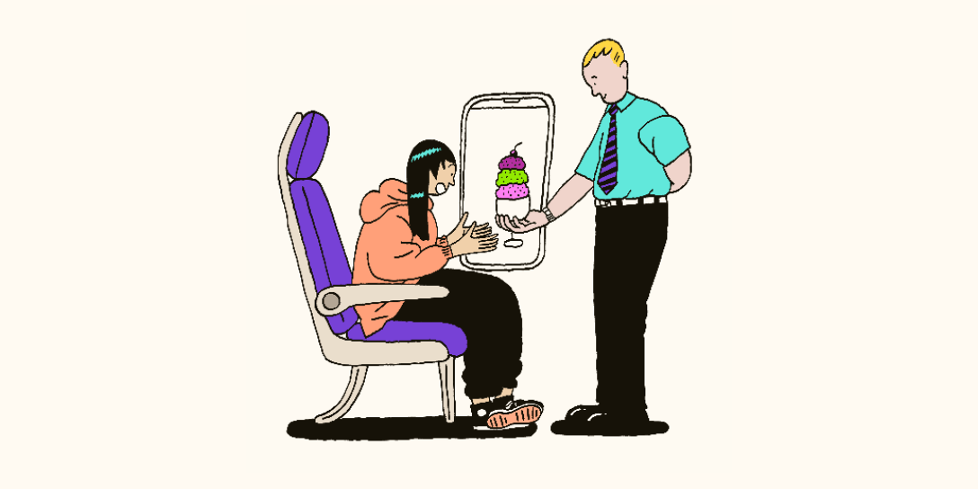 A flight attendant practices proactive customer service by giving a passenger an ice cream sundae. 