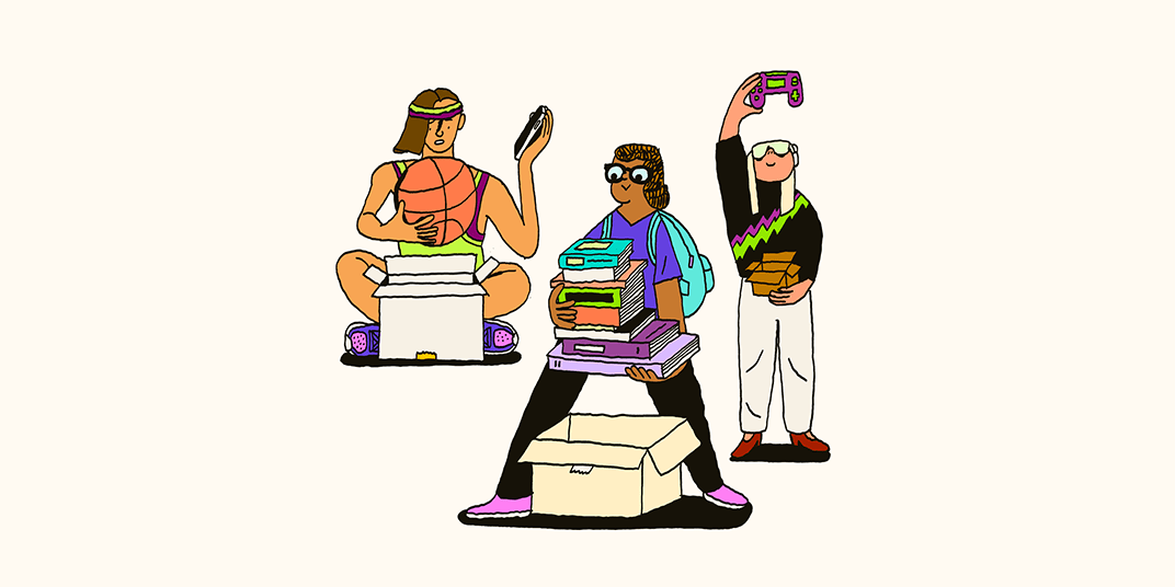 Three friends remove items from boxes, including a basketball, books, and a video game controller.