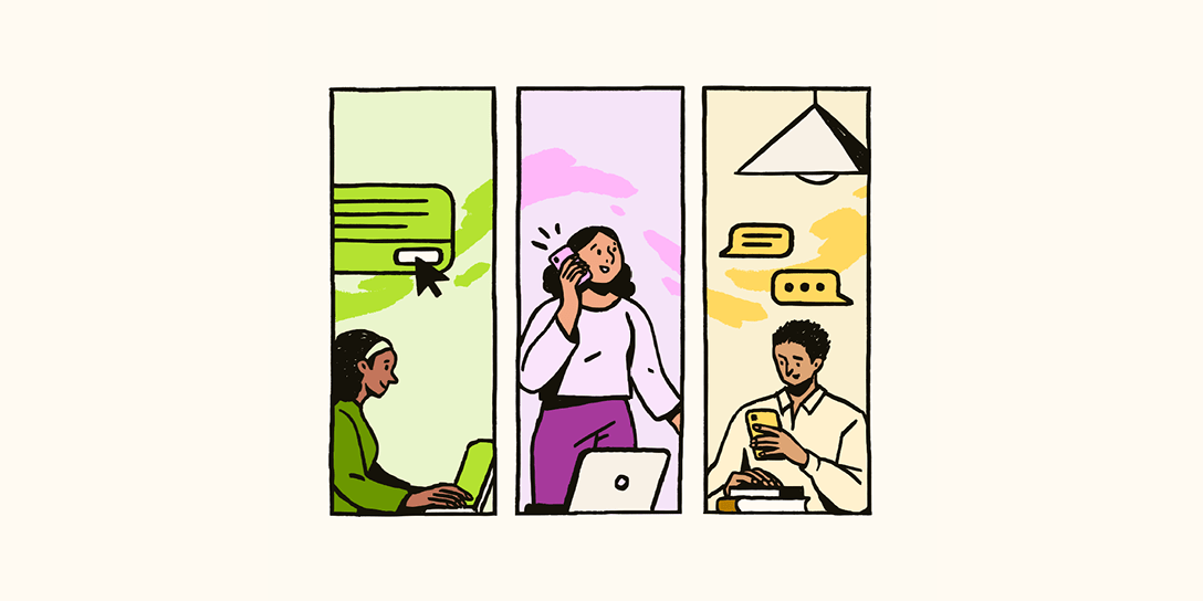 Three employees communicate with each other using chat, voice, and email, which shows the importance of an employee communication guide.