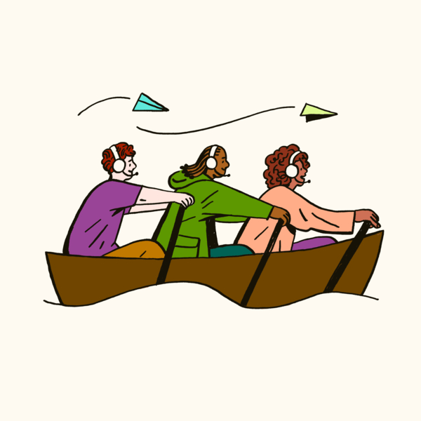 An illustration of three people in headphones sitting together in a boat, rowing. Two paper planes are flying over their heads.