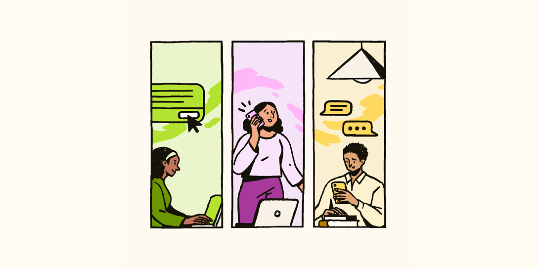 A three-panel illustration shows three individuals using AI for customer success.