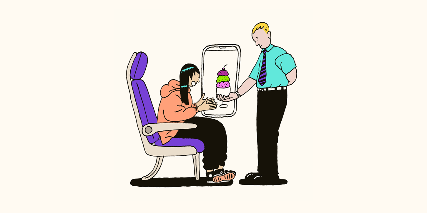 Two people on a plane using CRM marketing and an ice cream sundae to boost retention and sales.