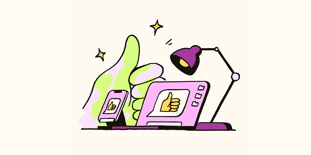 An illustration of a computer, phone, and a large thumbs up.