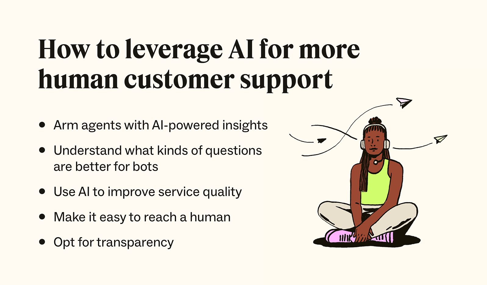 An illustration of a woman with paper planes flying behind her accompanies a list of ways to leverage AI for more human customer support.