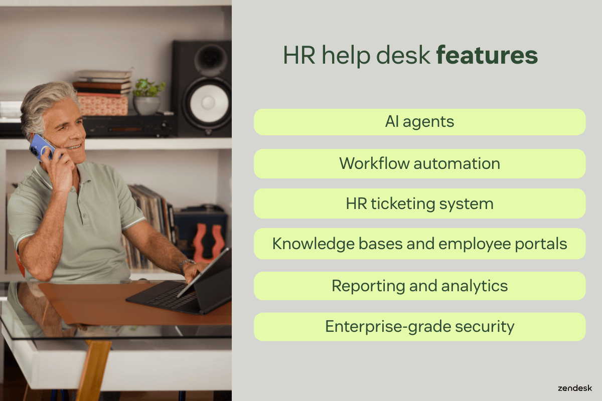 Split layout showing a man on a phone beside a list titled ‘HR help desk features’ showing AI agents, workflow automation, HR ticketing system, knowledge bases and employee portals, reporting and analytics, and enterprise-grade security.
