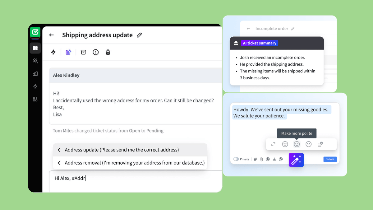 HelpDesk.com interface showing a support ticket with customer message and suggested macros.