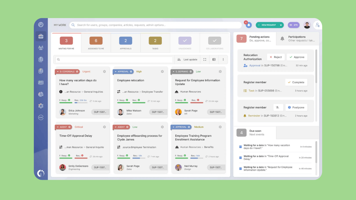 HR help desk dashboard showing a kanban-style board of employee requests and a ‘Pending actions’ panel.