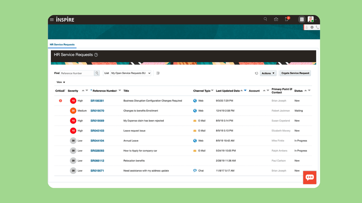 Screenshot of ‘INSPIRE’ HR Service Requests page with a table listing request severity, reference numbers, titles, channel type, last updated date, primary contact, and status.