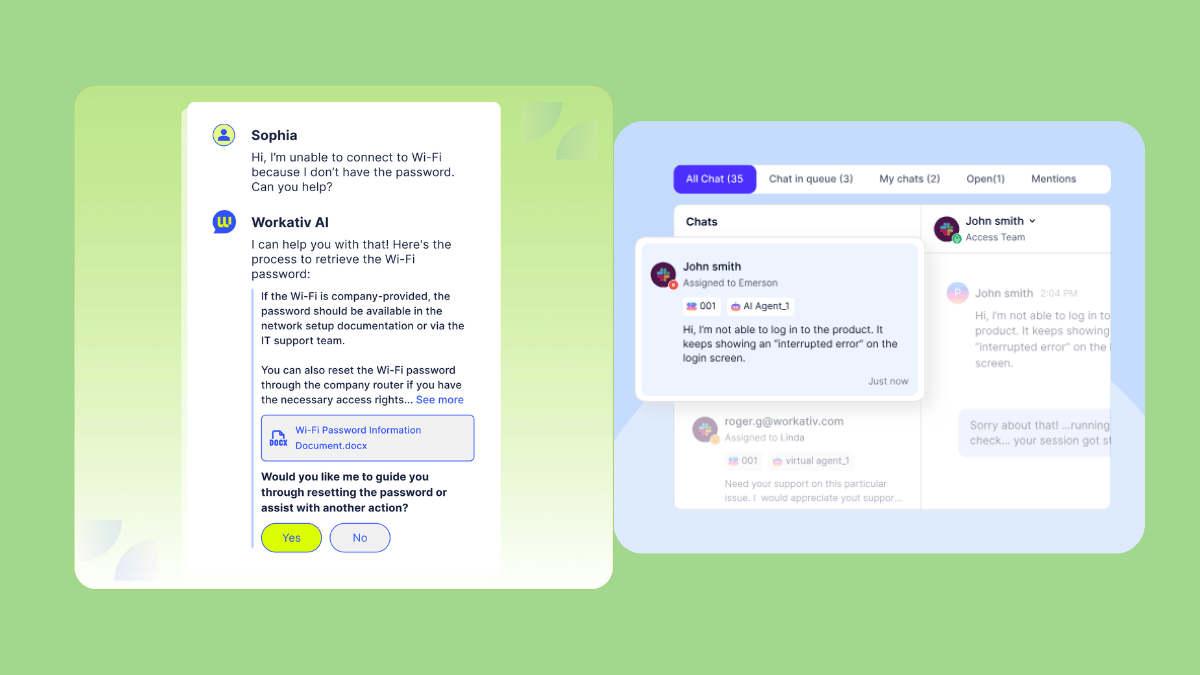 Help desk mockup showing a conversation where ‘Workativ AI’ helps a user retrieve a Wi-Fi password.