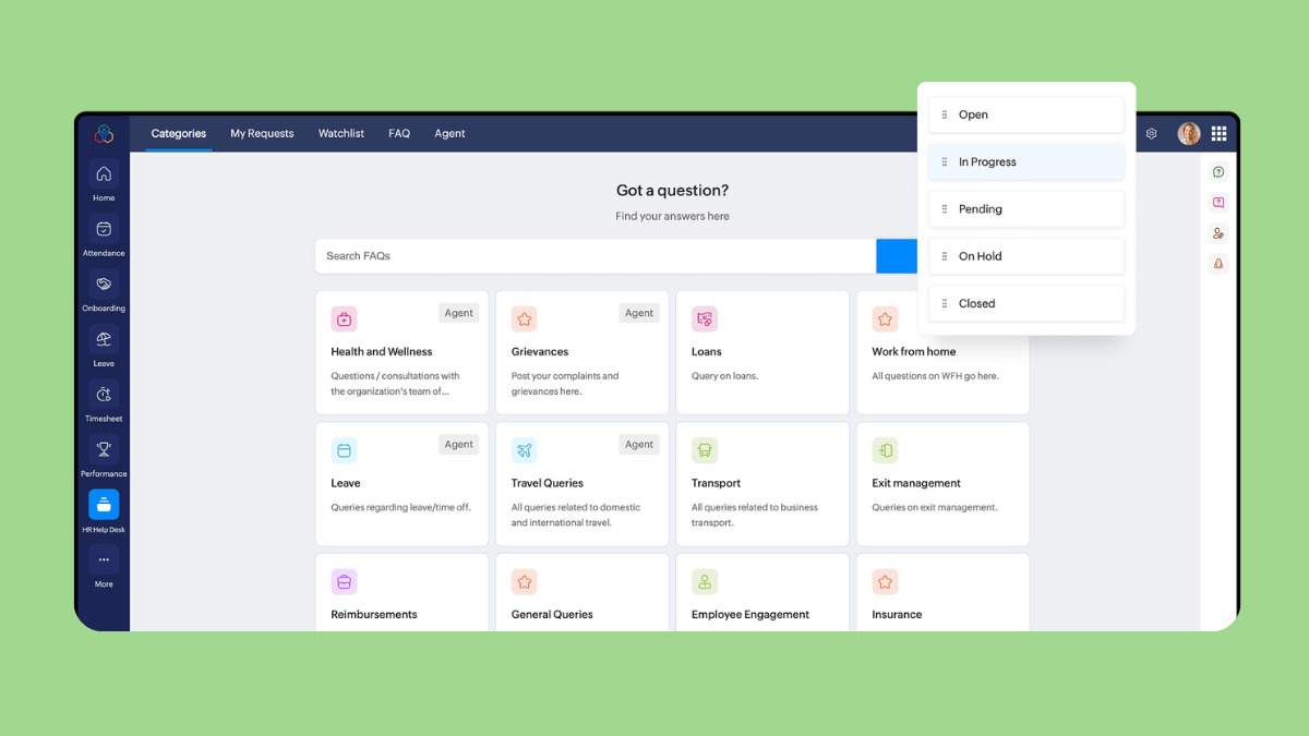 Zoho HR help desk self-service portal dashboard with a search bar ‘Got a question? Find your answers here,’ and tiles for different categories.