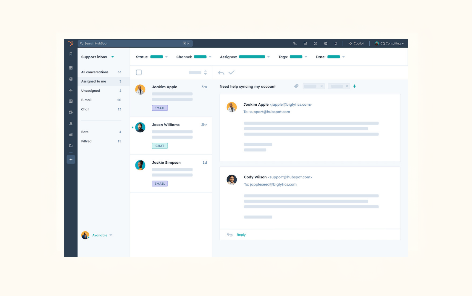 Screenshot of HubSpot’s support inbox.