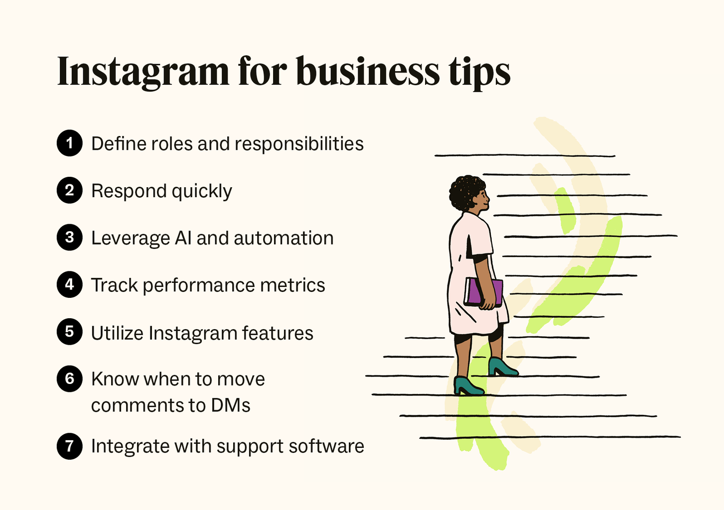 An image shows a list of Instagram for business tips next to an illustration of a person walking up stairs.