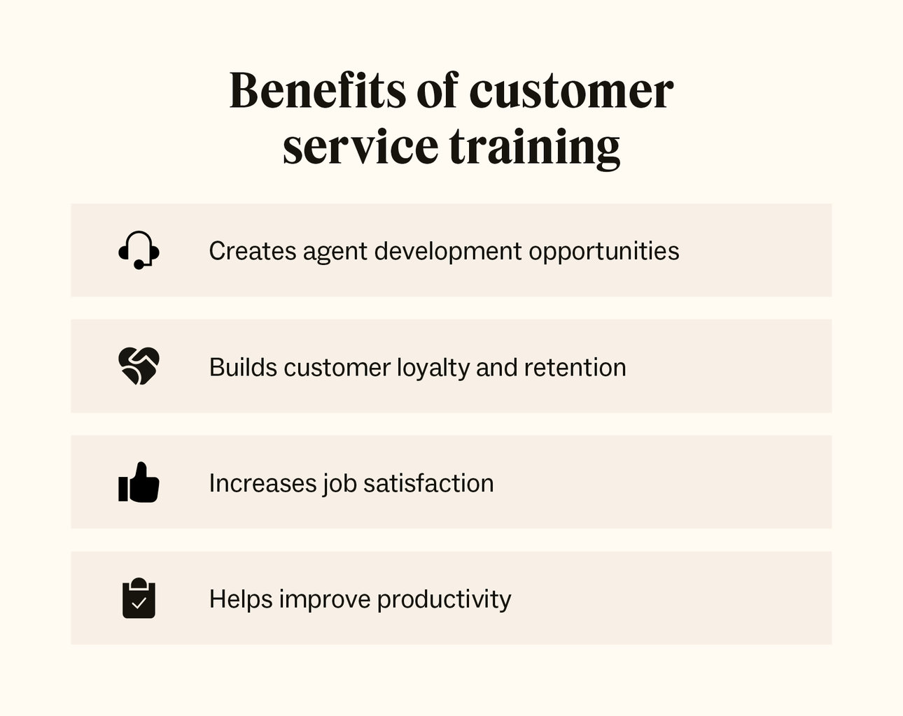 The benefits of customer service training include loyalty, retention, job satisfaction, agent growth, and productivity.