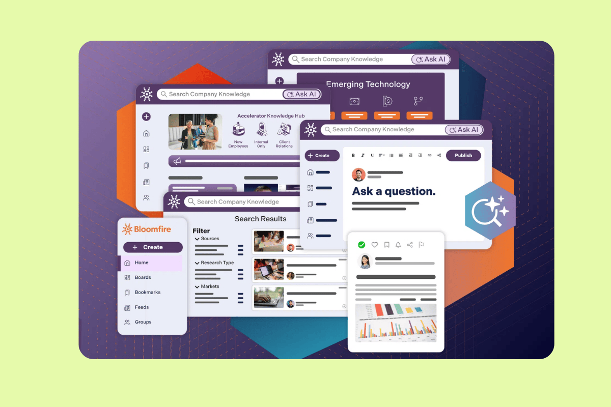 Collage of colorful app interface screenshots displaying search bars, question prompts, data charts, and navigation menus.