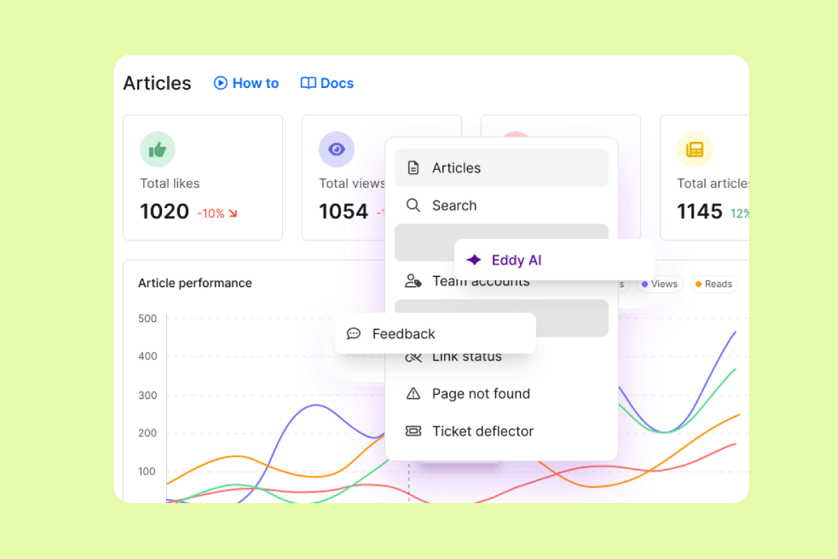 SDashboard of Document360 showing article statistics with dropdown menu.