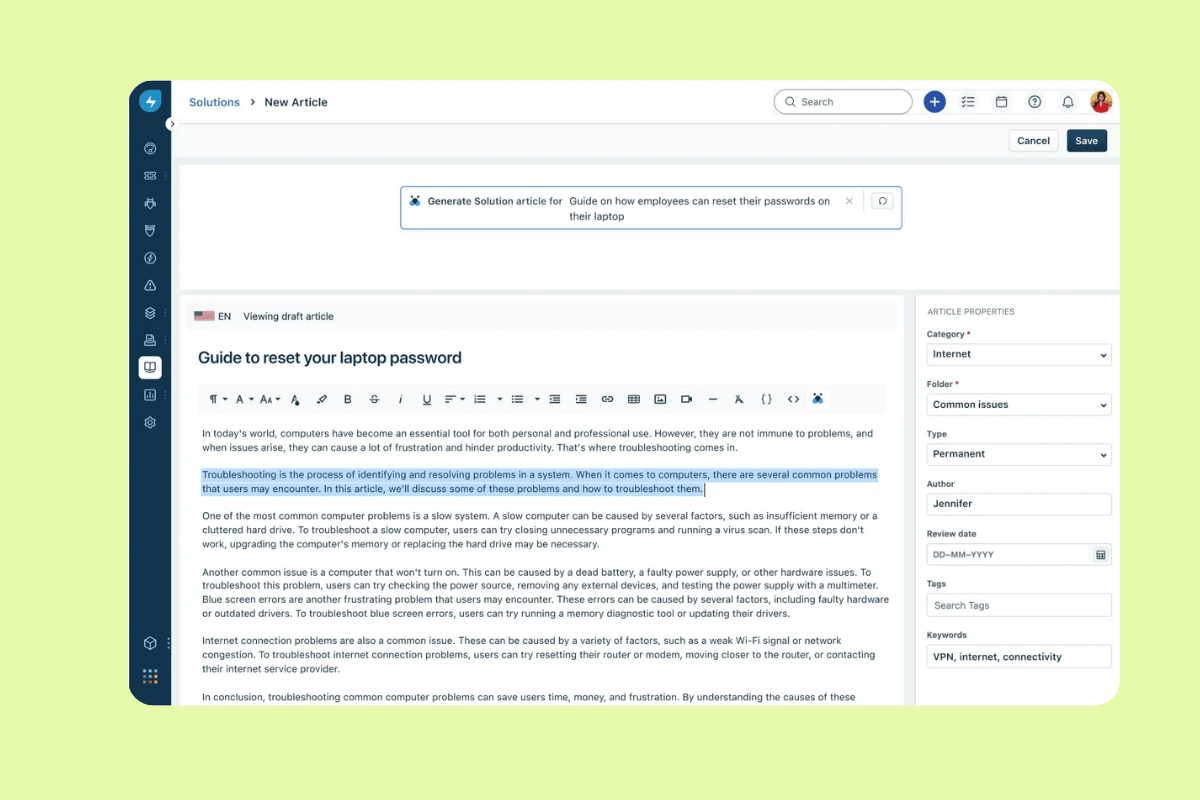 Screenshot of Freshworks showing ​​an article editor interface titled ‘Guide to reset your laptop password’.