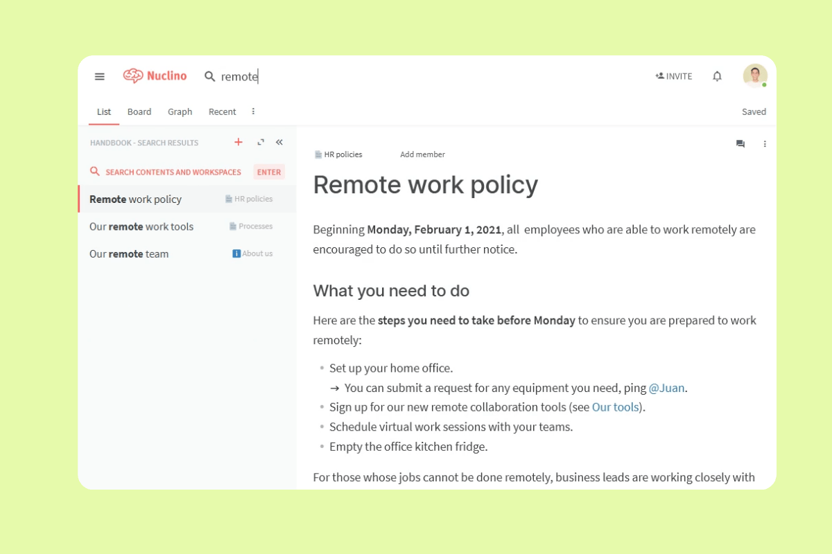 Screenshot of Nuclino interface displaying a 'Remote work policy.'