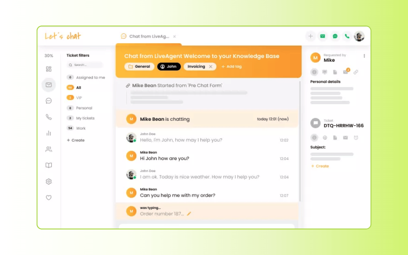 LiveAgent live chat software dashboard showcasing customer support features.