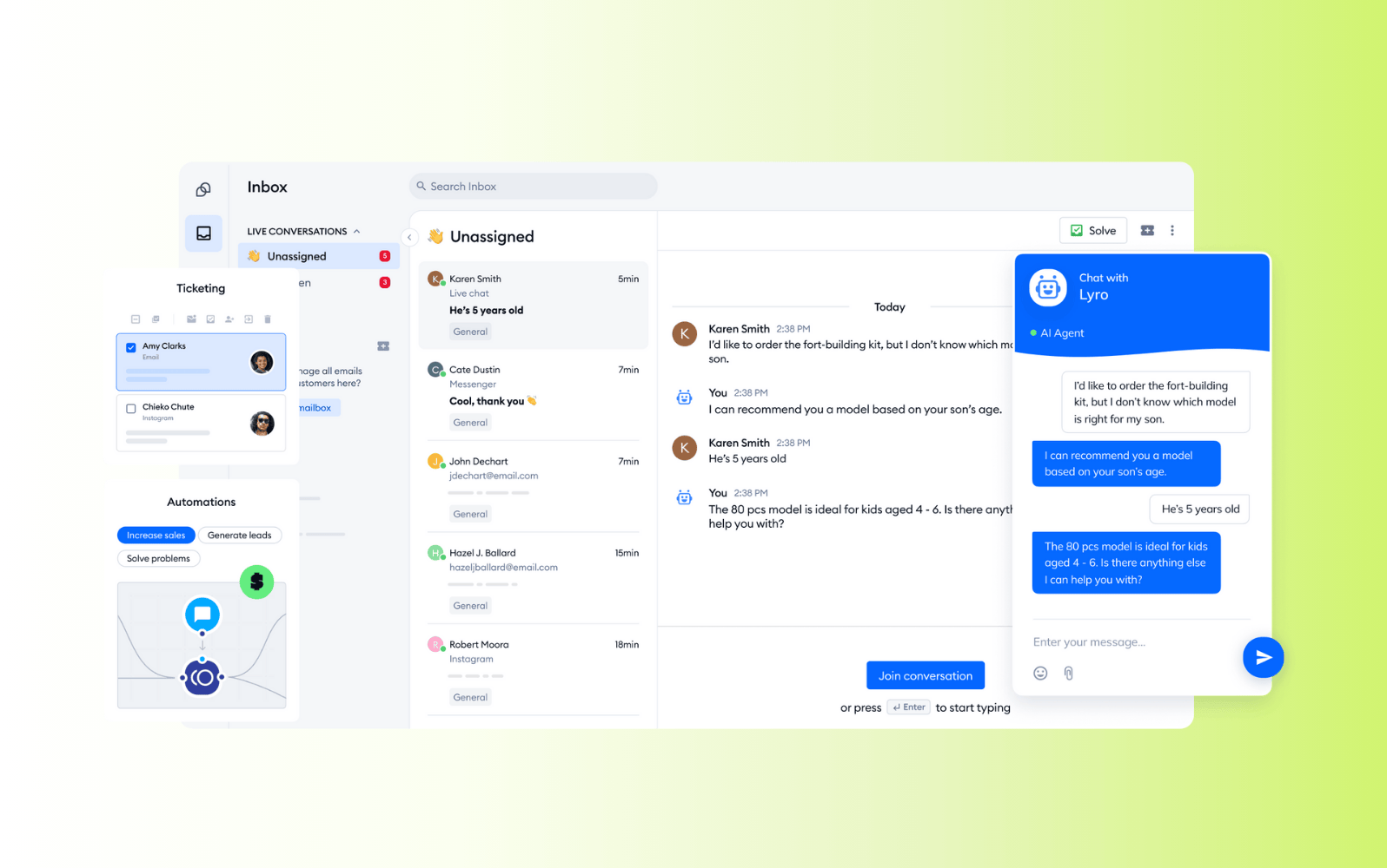 Tidio live chat software dashboard showcasing customer support features.