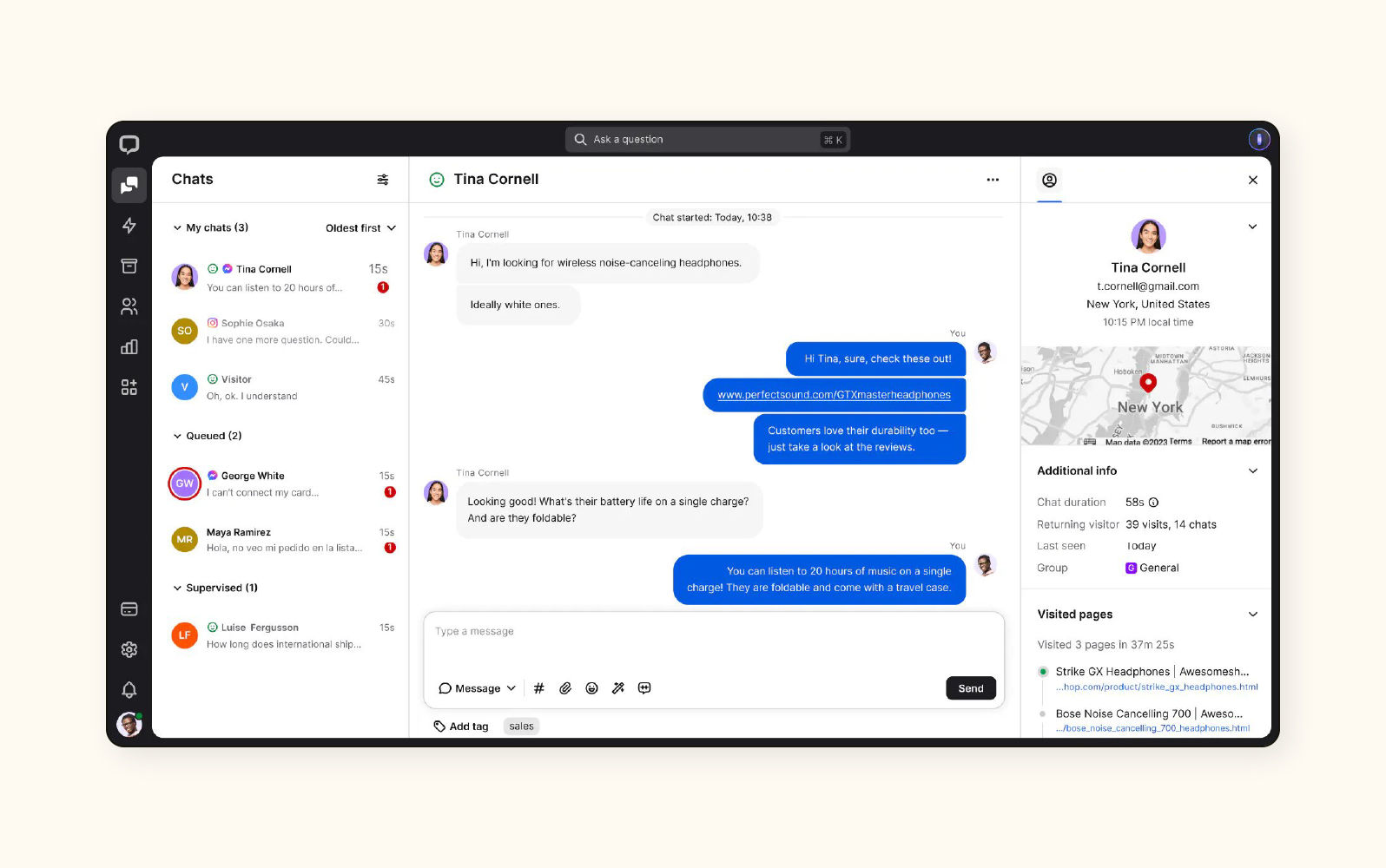 Resumen de chat con clientes en LiveChat, un software de experiencia del cliente.
