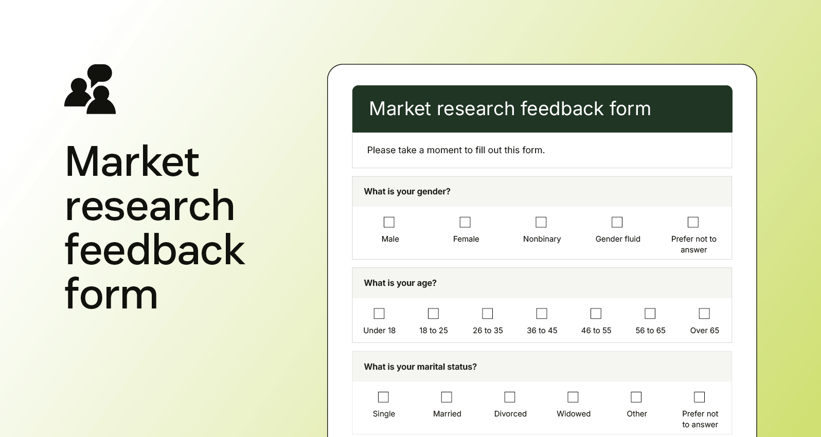 Screenshot of a market research feedback form with demographic questions like age, gender, and marital status.