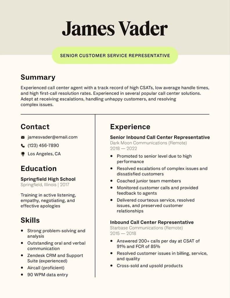 Mid/senior-level call center representative resume template