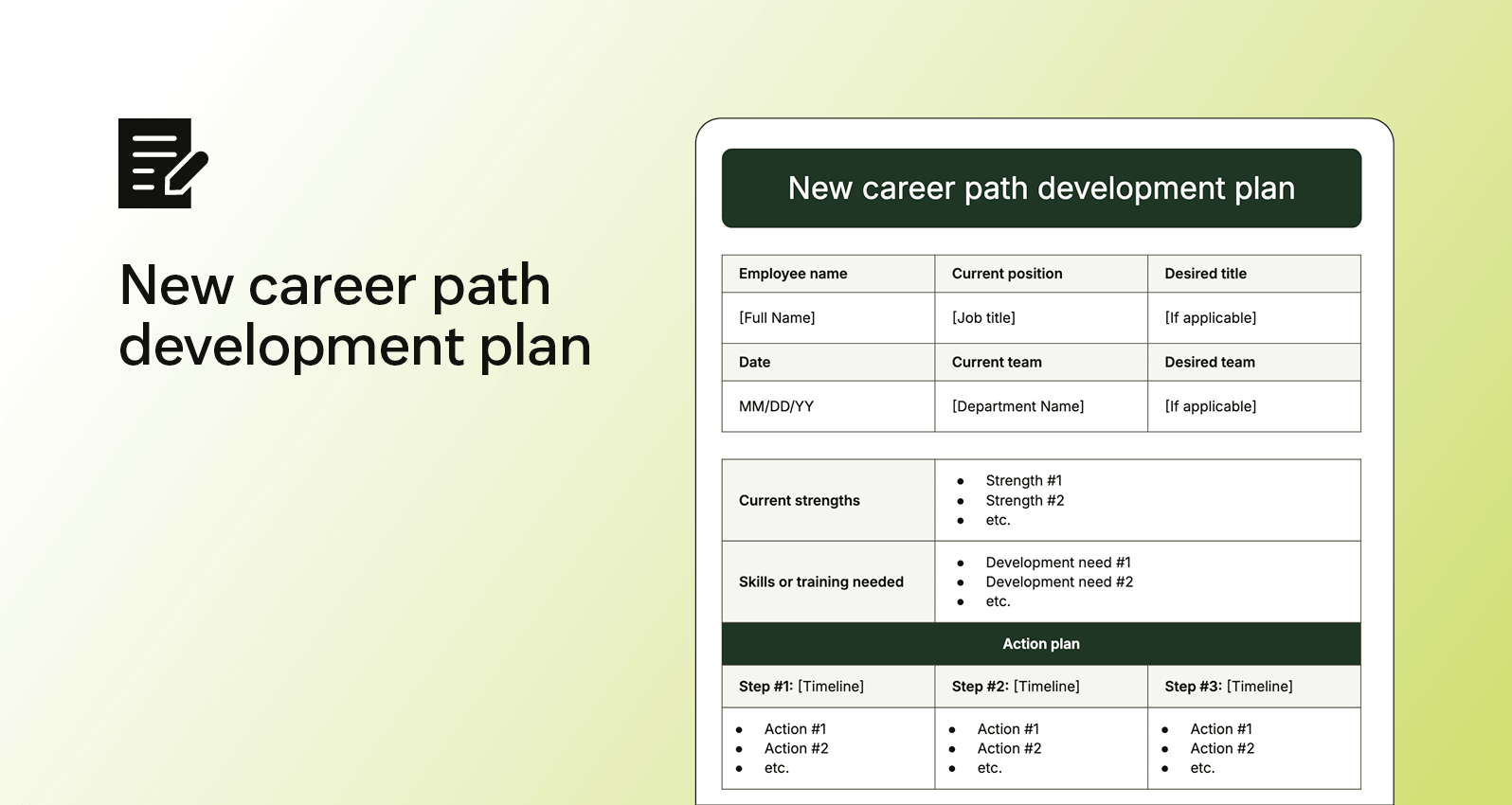 Preview of a new career path development plan including sections for strengths, skills needed, and action steps.