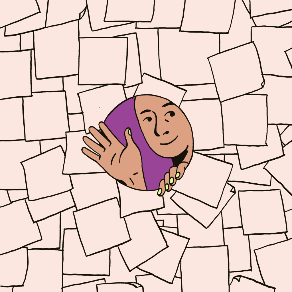 Person waving with scattered sticky notes around them