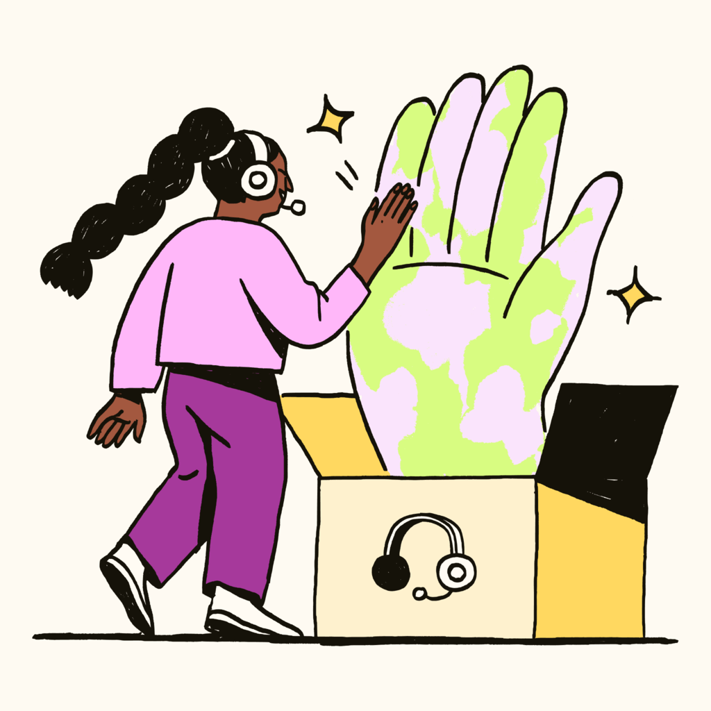 Person high-fiving hand popping out of box