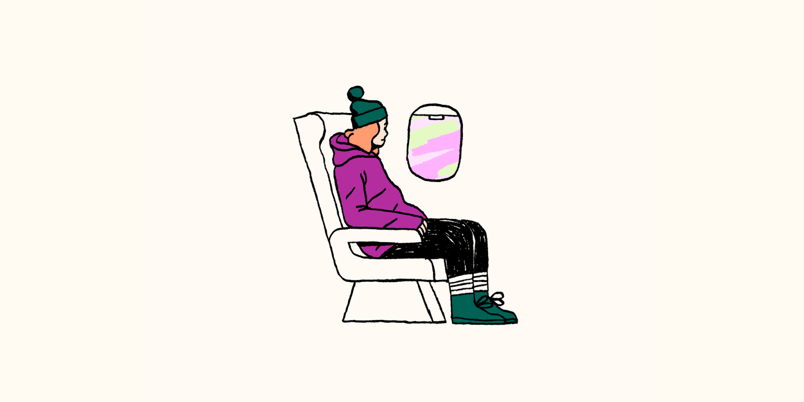 An illustration of a person looking out an airplane window represents employee turnover.