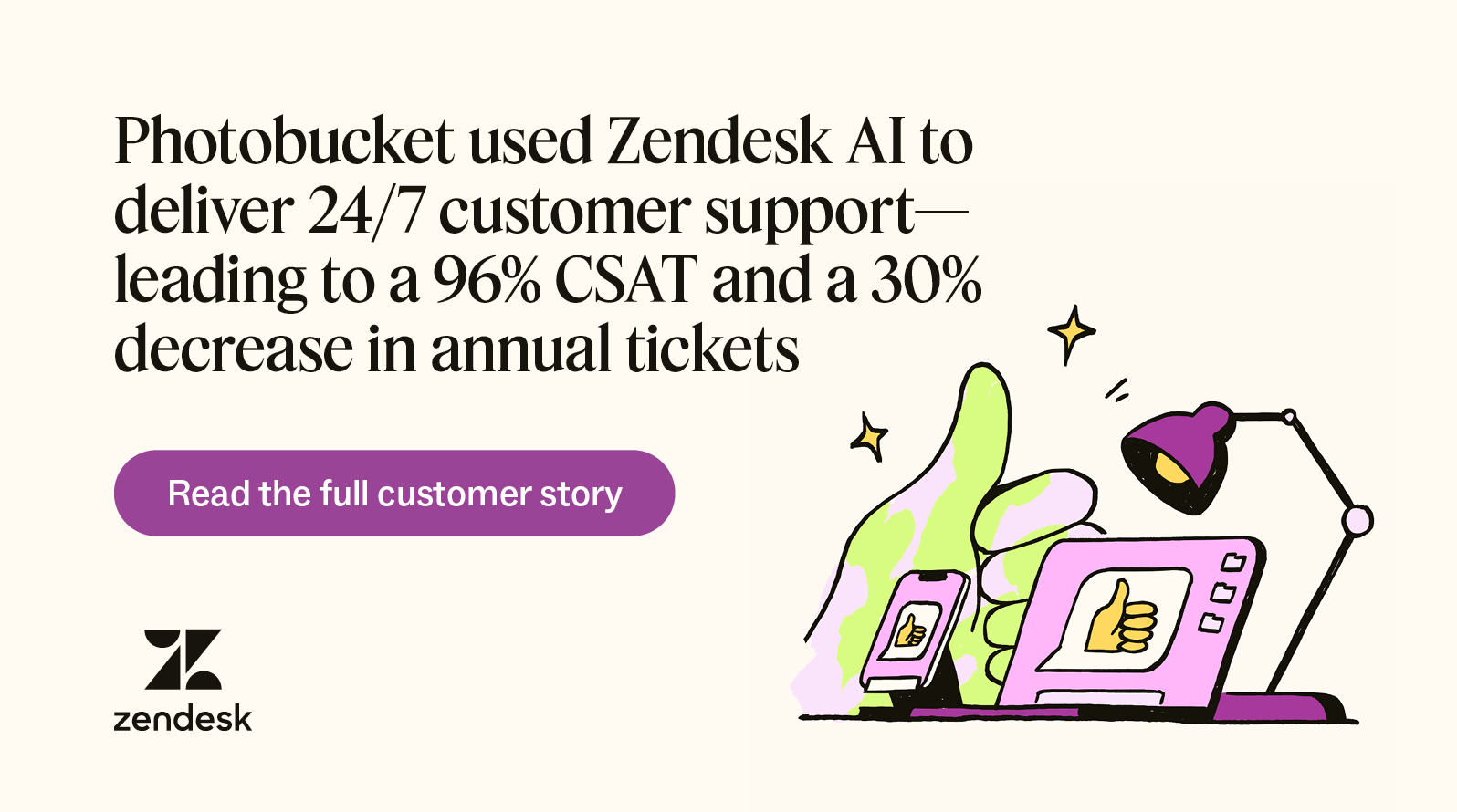 Photobucket used Zendesk AI to deliver 24/7 customer support—leading to a 96 percent CSAT and a 30 percent decrease in annual tickets.