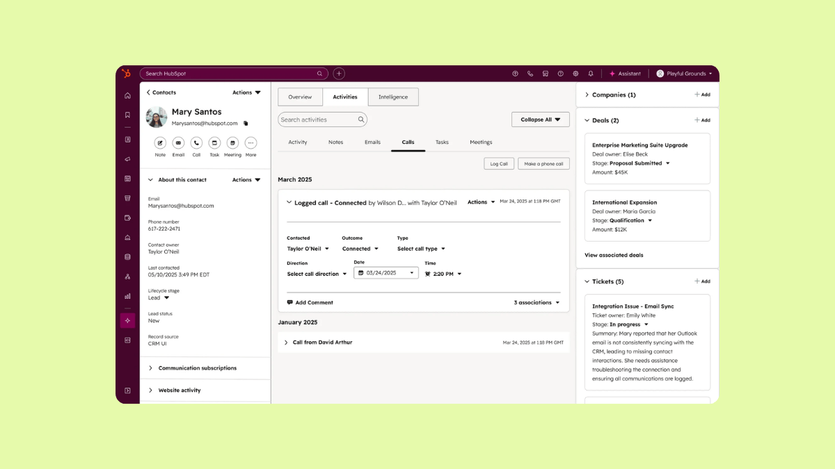HubSpot dashboard displaying contact details for Mary Santos, including email and phone. Tabs show activity logs like calls.